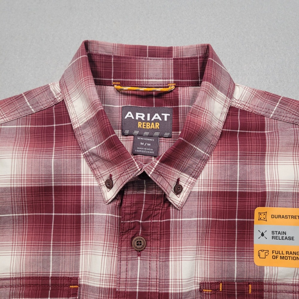 Ariat Rebar Mens Medium Short Sleeve Plaid Work Shirt Burgundy Red DuraStretch